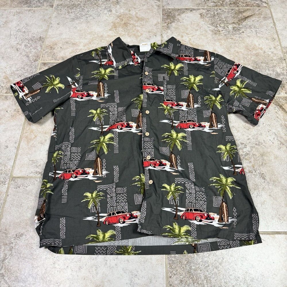 Barefoot In Paradise Hawaiian Shirt Mens L Cars‎ Palm Trees Cruise Short Sleeve